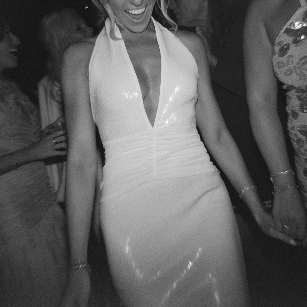 Plunging white sequin gown with halter neck and open back bridal, XS